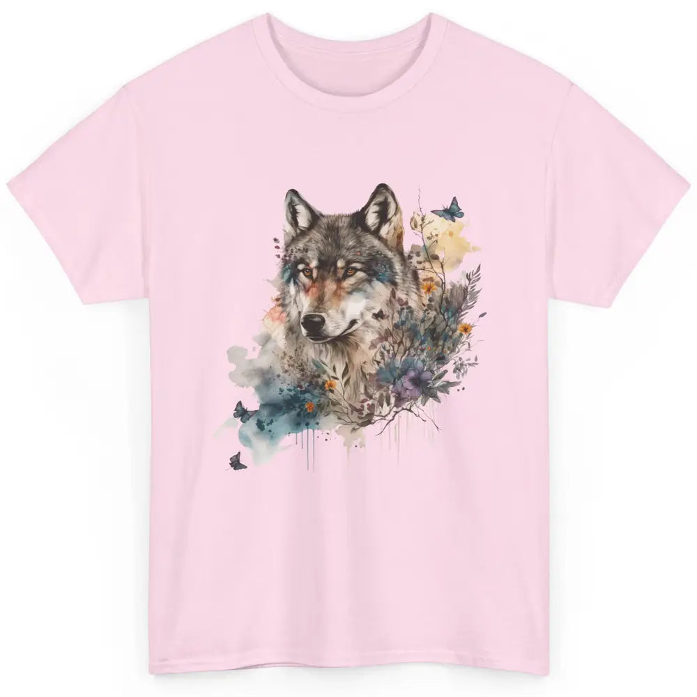 Watercolor Wolf Face Howl Butterfly Wolves Wild Animal Retro Classic Unisex T-Shirt