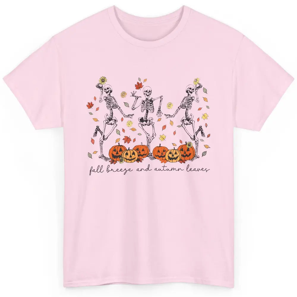 Retro Pumpkin Dancing Skeleton Fall Breeze And Autumn Leaves Classic Unisex T-Shirt