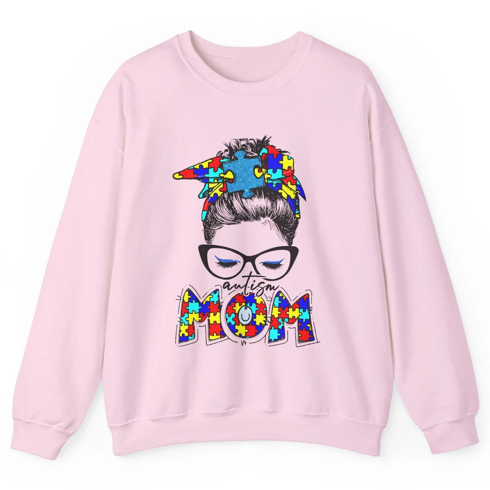 Autism Mom Messy Bun Bandana Puzzle Autism Awareness Month Unisex Crewneck Sweatshirt