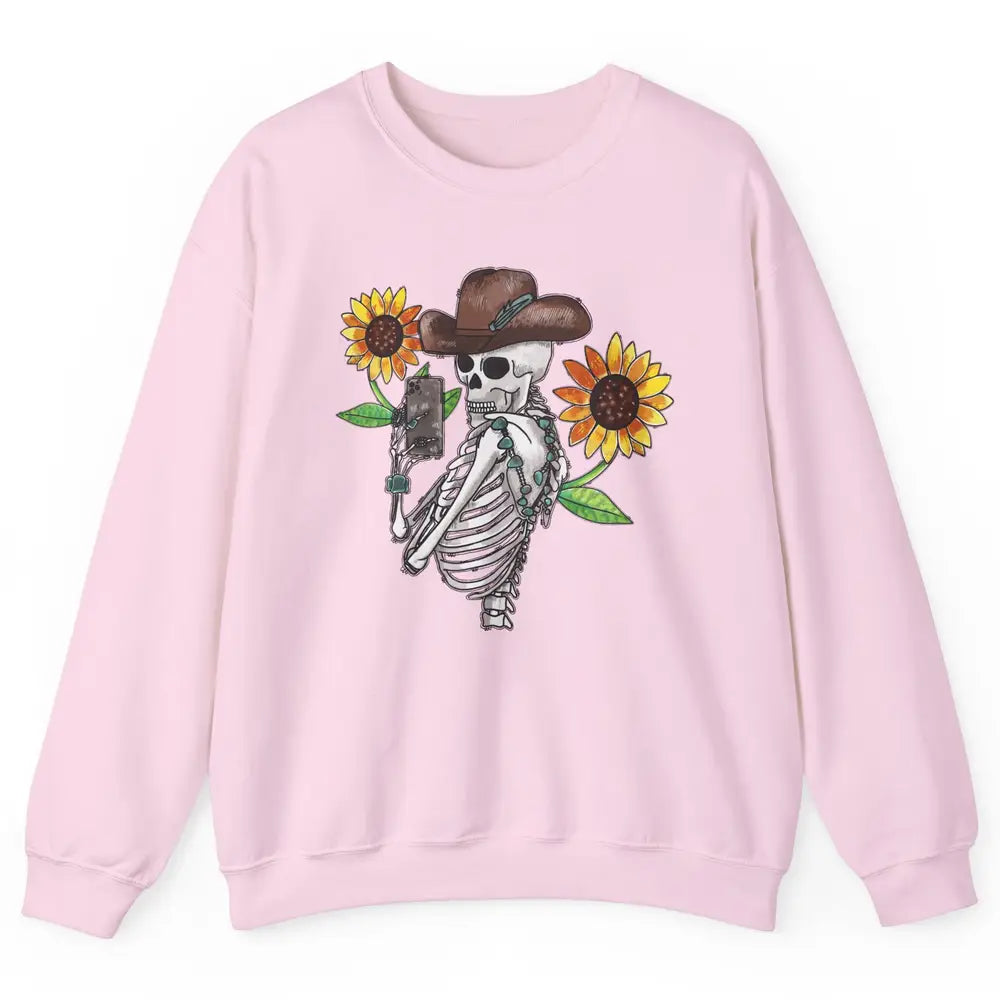 Western Cowboy Hat Skeleton Sunflower Funny Skeleton Selfie Unisex Crewneck Sweatshirt