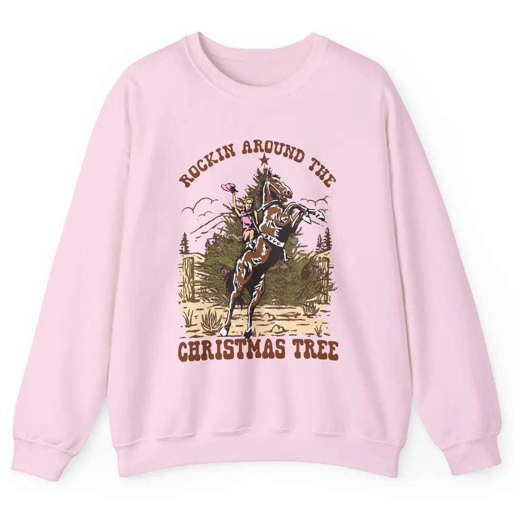 Funny Cowgirl Horsing Rocking Around Christmas Tree Western Unisex Crewneck Sweatshirt