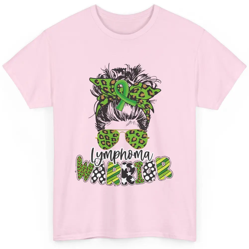 Warrior Fight Lymphoma Cancer Green Leopard Ribbon Messy Bun Classic Unisex T-Shirt