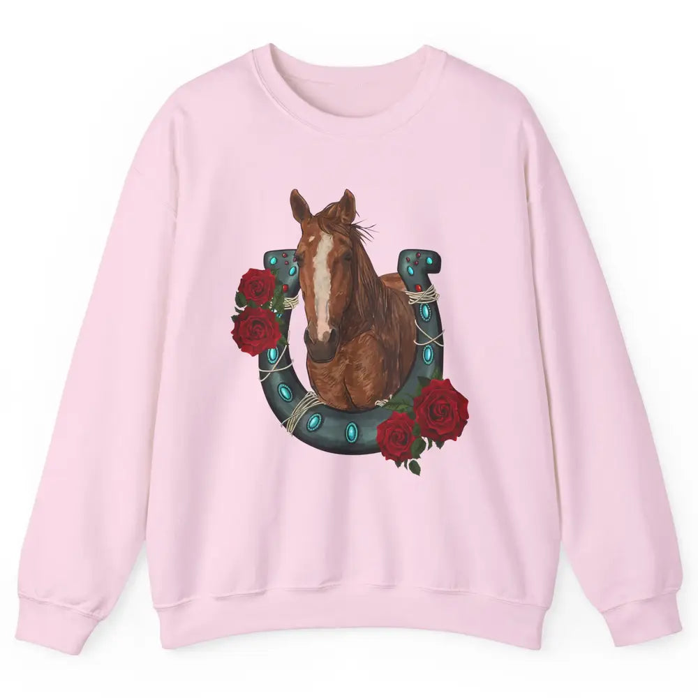 Western Country Texas Cowgirl Floral Horseshoe Horse Riding Unisex Crewneck Sweatshirt