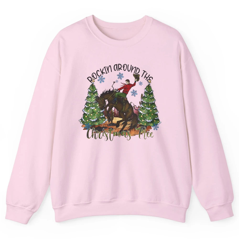 Funny Cowboy Horsing Rocking Around Christmas Tree Western Unisex Crewneck Sweatshirt