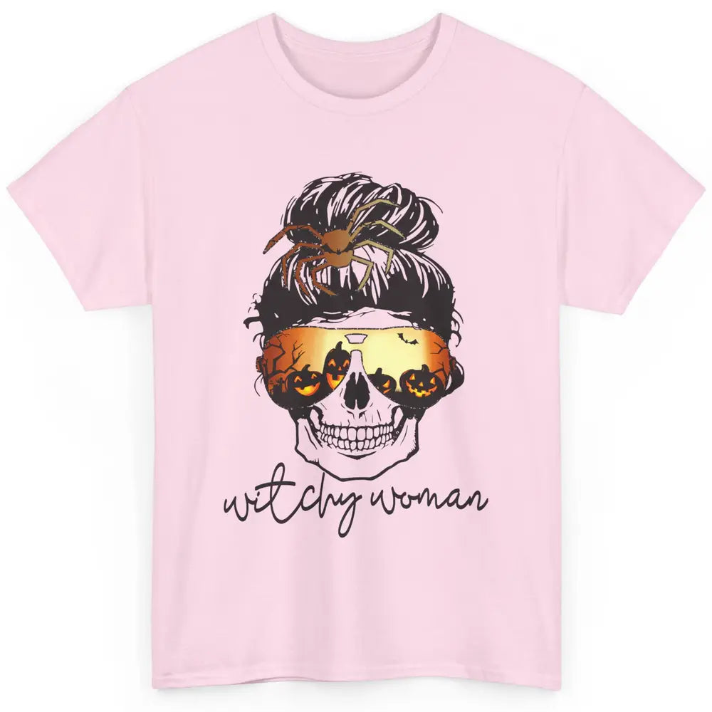 Witchy Woman Messy Bun Hair Skull Halloween Pumpkin Costume Classic Unisex T-Shirt