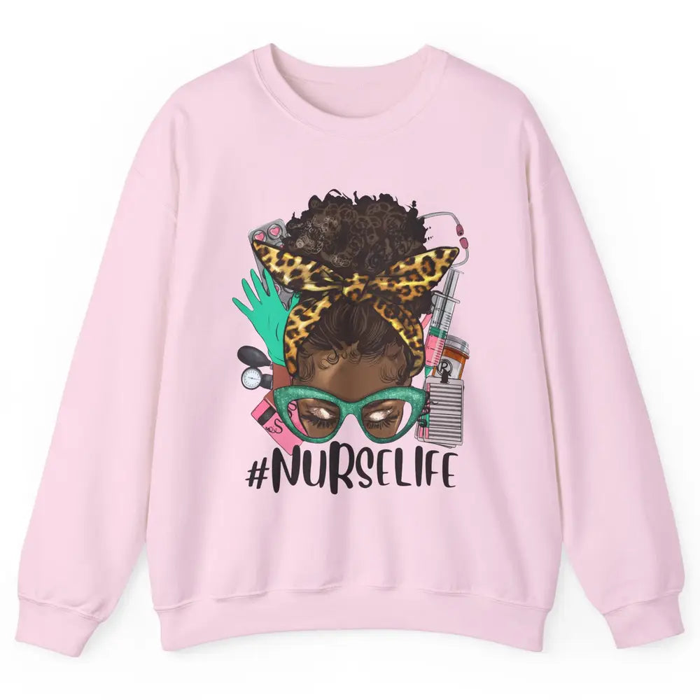 Afro Nurse Messy Bun Hair Black Melanin Nurse Life Leopard Unisex Crewneck Sweatshirt