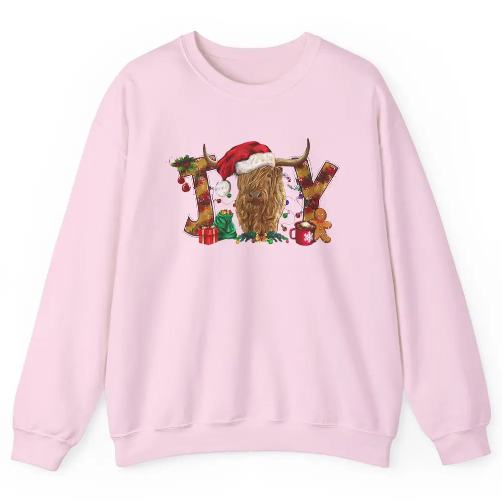 Highland Cow Joy Santa Hat Gingerbread Christmas Farm Gift Unisex Crewneck Sweatshirt