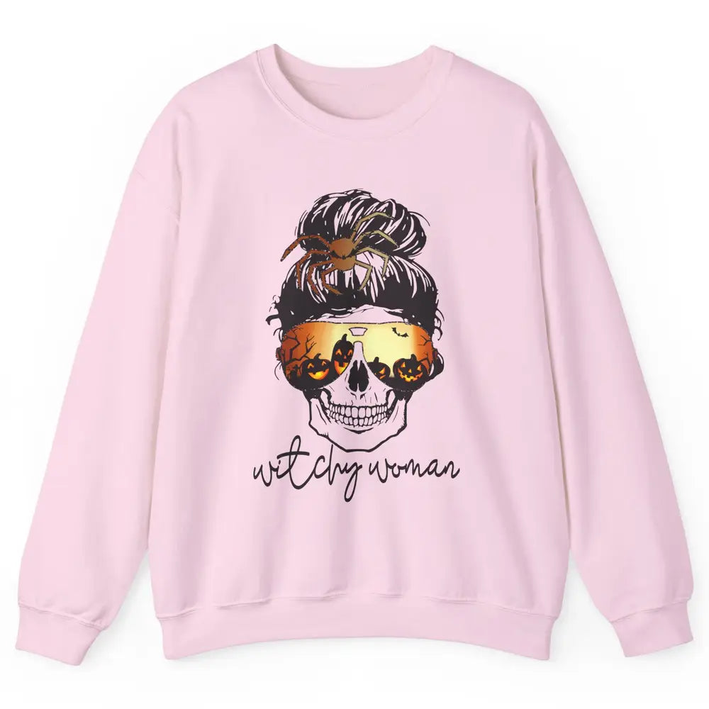 Witchy Woman Messy Bun Hair Skull Halloween Pumpkin Costume Unisex Crewneck Sweatshirt