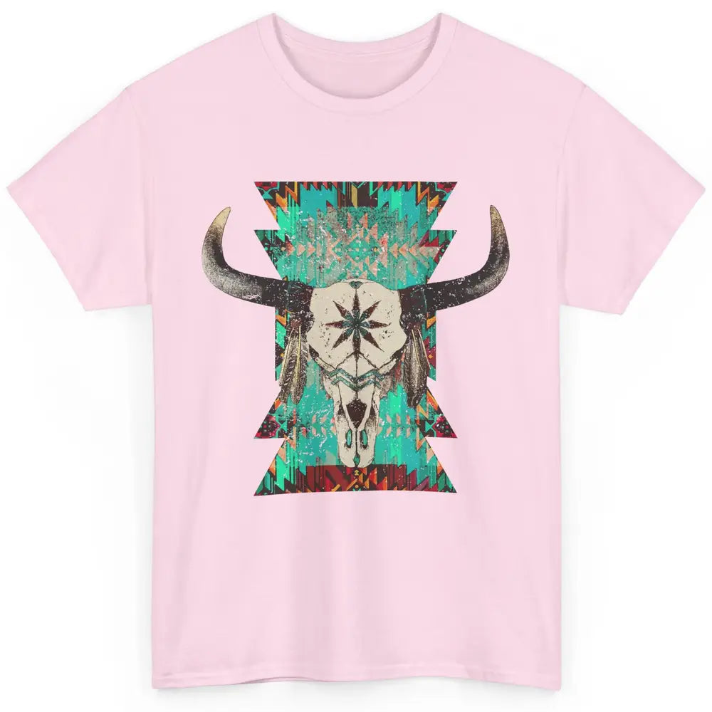 Boho Bull Skull Turquoise Aztec Western Country Rodeo Cowboy Classic Unisex T-Shirt