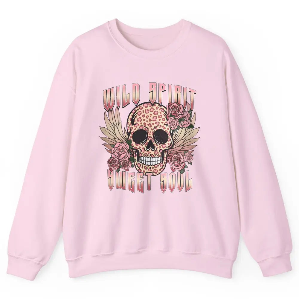 Wild Spirit Sweet Soul Skull Leopard Flowers Western Boho Unisex Crewneck Sweatshirt