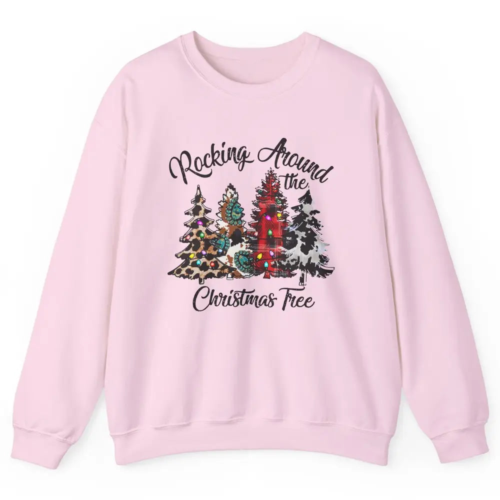 Leopard Christmas Tree Rocking Around Christmas Tree Western Unisex Crewneck Sweatshirt