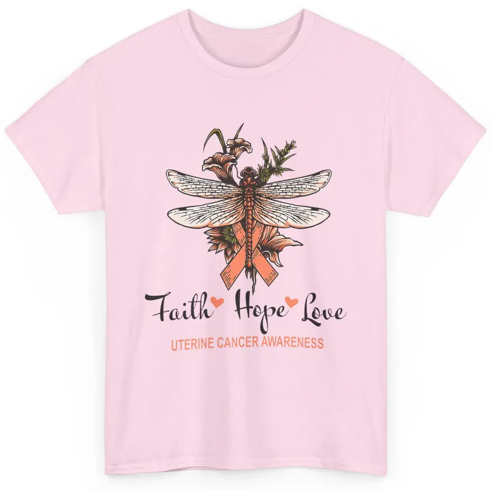 Faith Hope Love Dragonfly Peach Uterine Cancer Awareness Classic Unisex T-Shirt