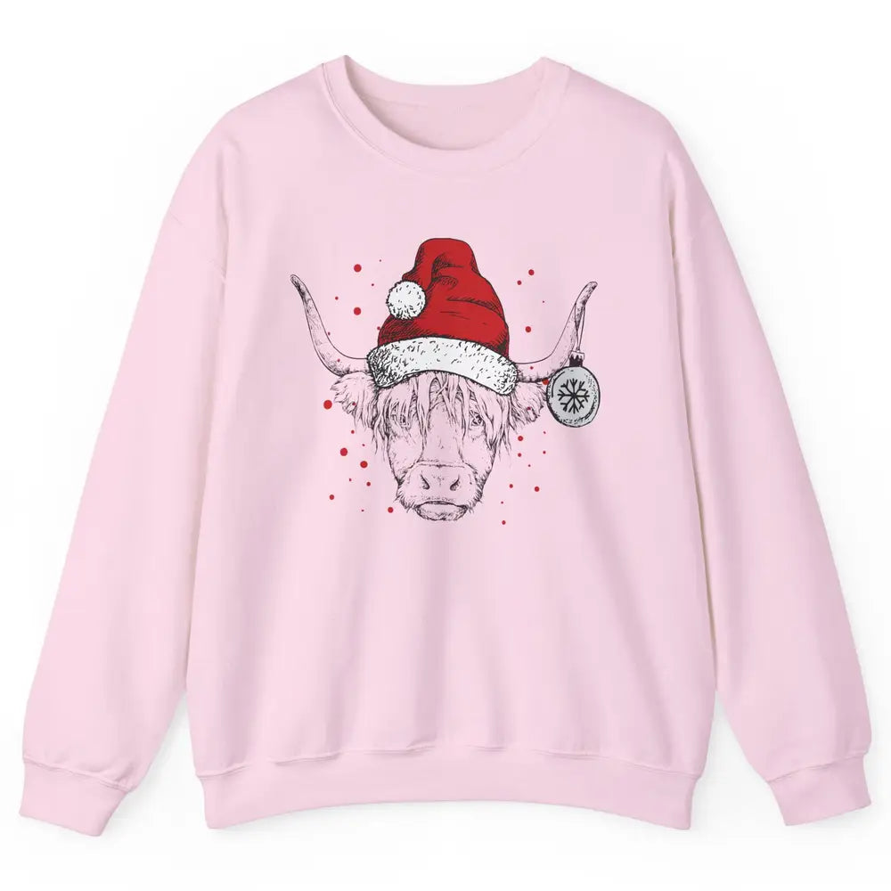 Cute Highland Cow Christmas With Santa Hat Western Xmas Cow Unisex Crewneck Sweatshirt