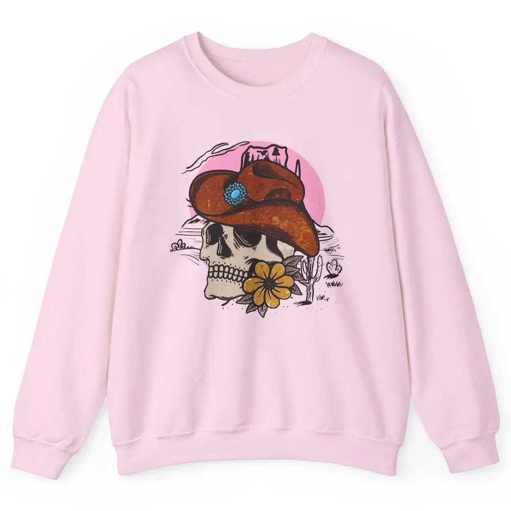 Skull Desert Cactus Cowboy Gemstone Hat Western Country Girl Unisex Crewneck Sweatshirt