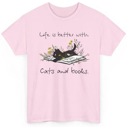 Funny Black Cat And Floral Book Cute Kitten Minimal Flowers Classic Unisex T-Shirt