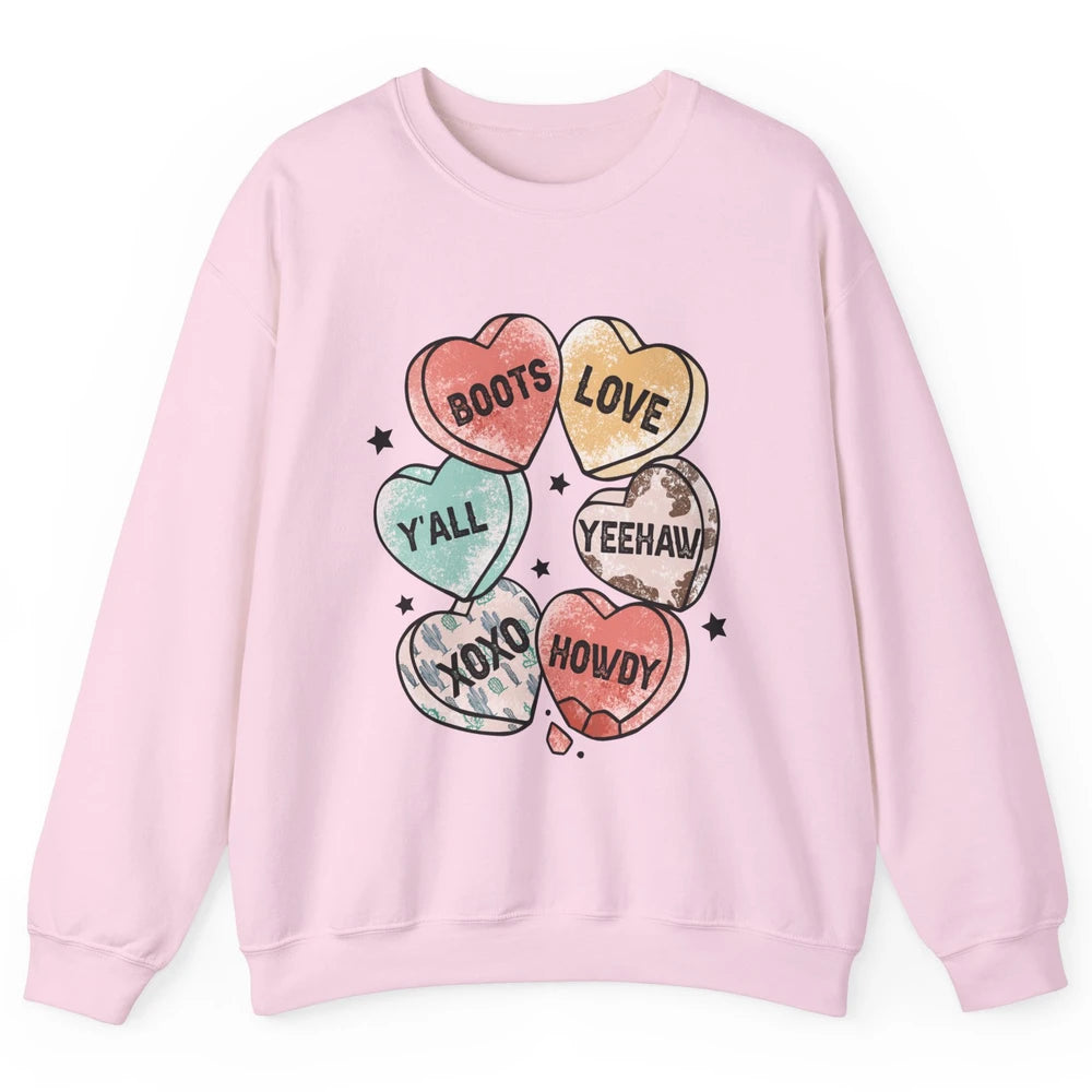 XOXO Love Cowboy Boots Howdy Cowgirl Hearts Western Country Happy Valentine's Day Yeehaw Vintage Cactus Unisex Crewneck Sweatshirt