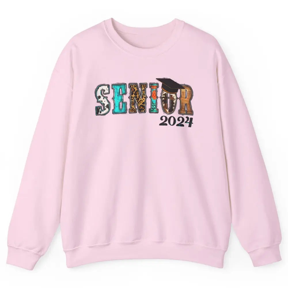 Sunflower Leopard Senior 2024 Graduate Bachelor Western Grad Unisex Crewneck Sweatshirt