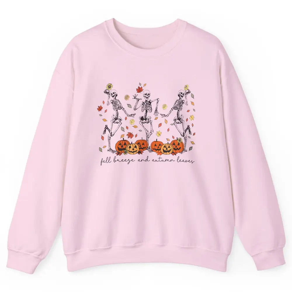 Retro Pumpkin Dancing Skeleton Fall Breeze And Autumn Leaves Unisex Crewneck Sweatshirt