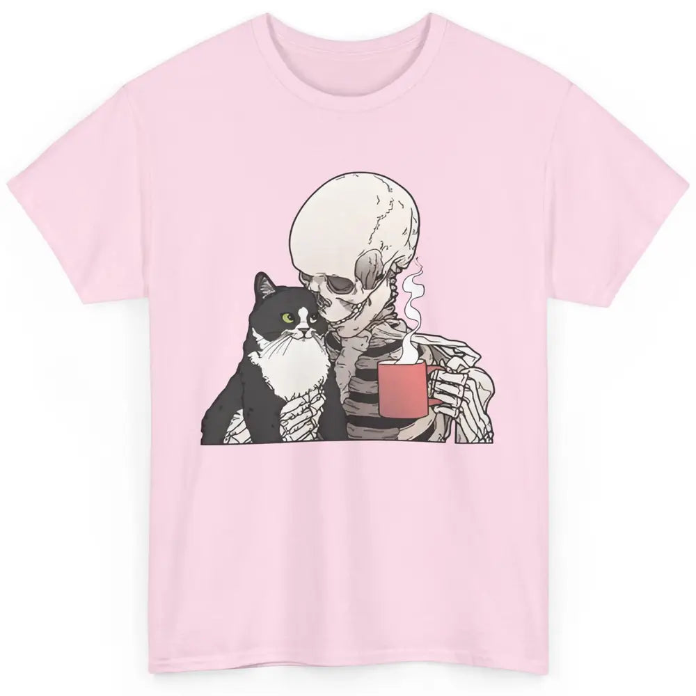 Funny Cat And Skeleton Drinking Coffee Best Friend Cat Lover Classic Unisex T-Shirt