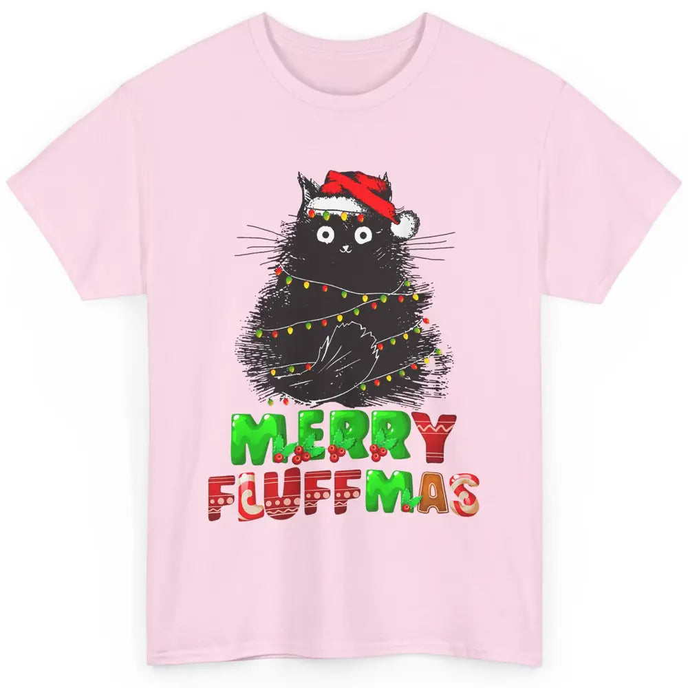 Merry Christmas Catmas Santa Hat Black Cat Xmas Lights Tree Classic Unisex T-Shirt