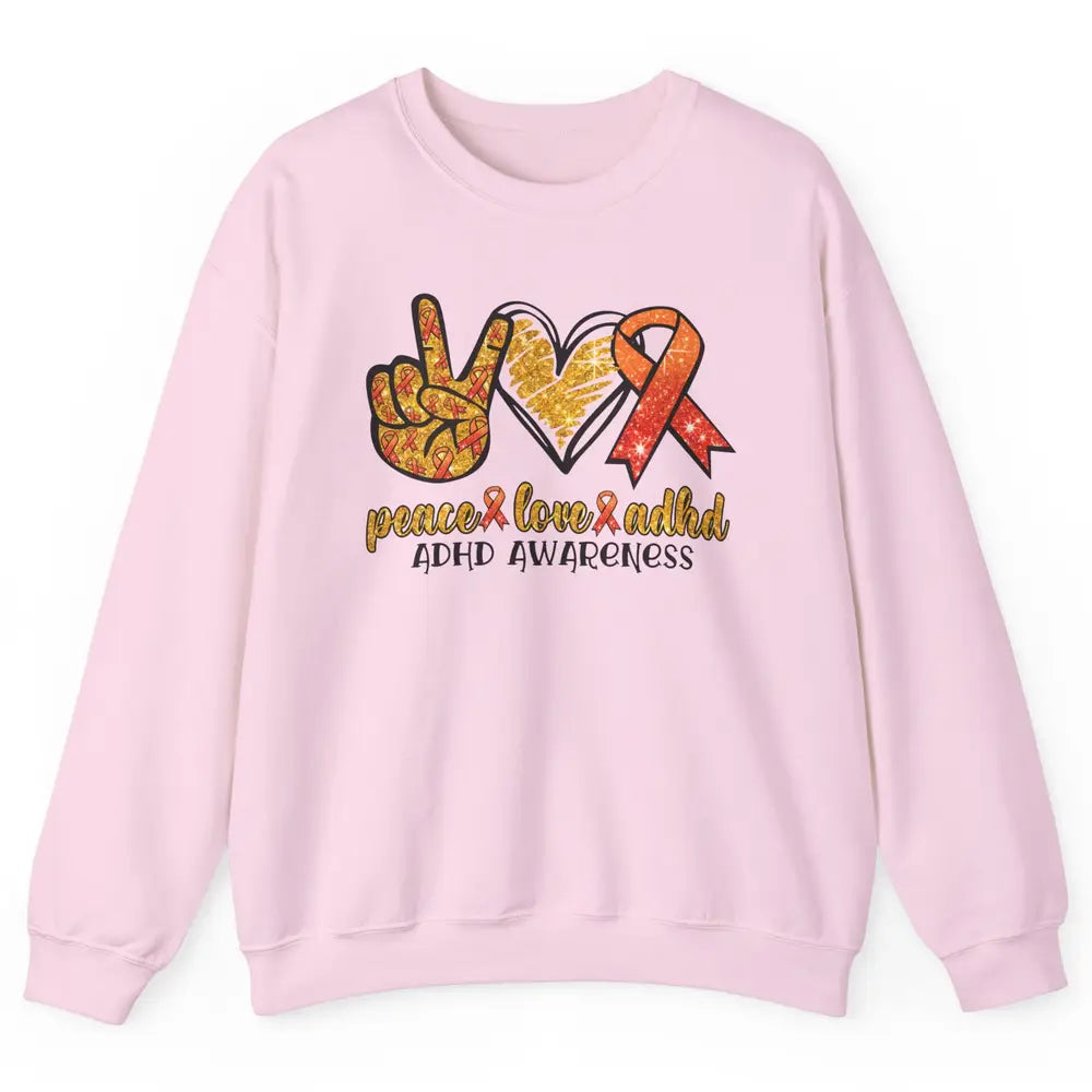 ADHD Awareness Month Peace Love ADHD Orange Ribbon Unisex Crewneck Sweatshirt