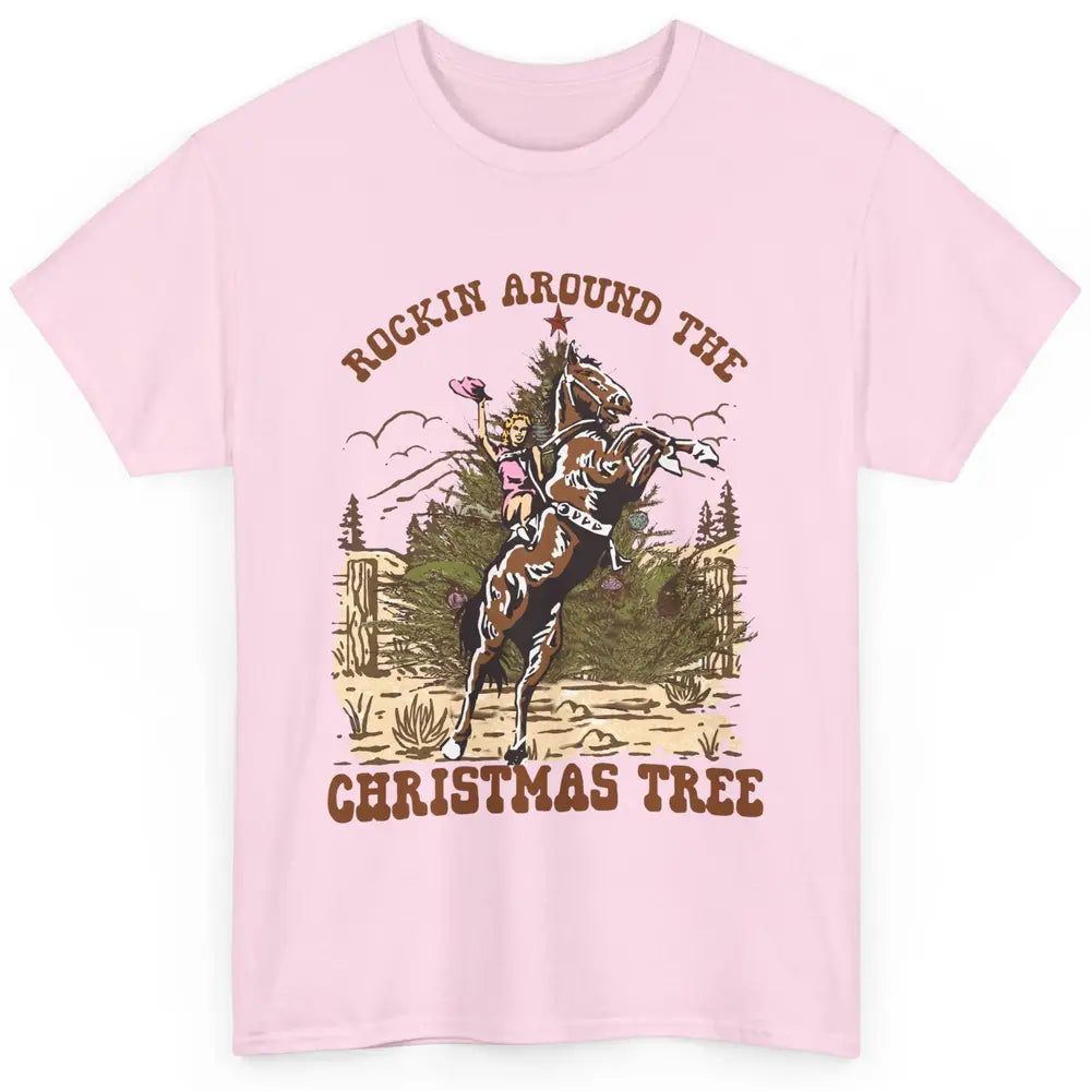 Funny Cowgirl Horsing Rocking Around Christmas Tree Western Classic Unisex T-Shirt