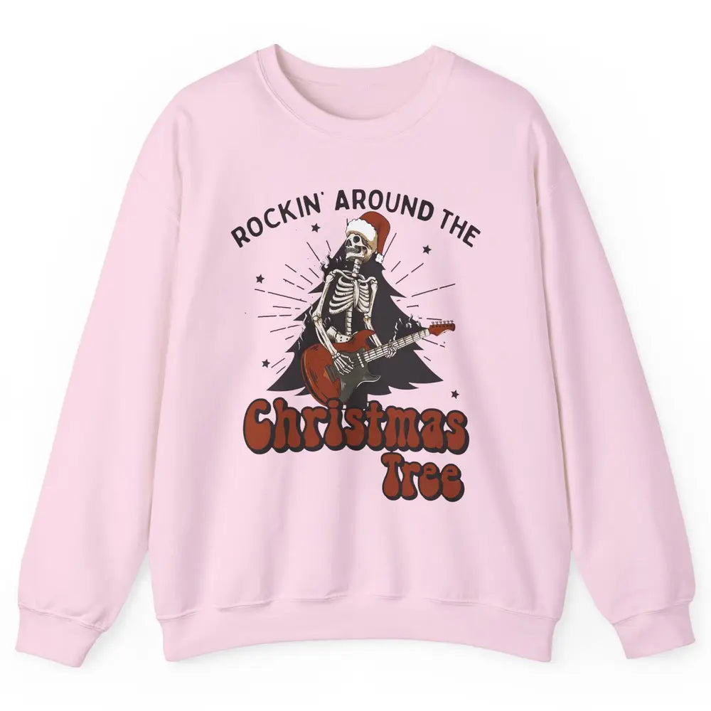 Skeleton Guitar Rocking Around Christmas Tree Western Xmas Unisex Crewneck Sweatshirt