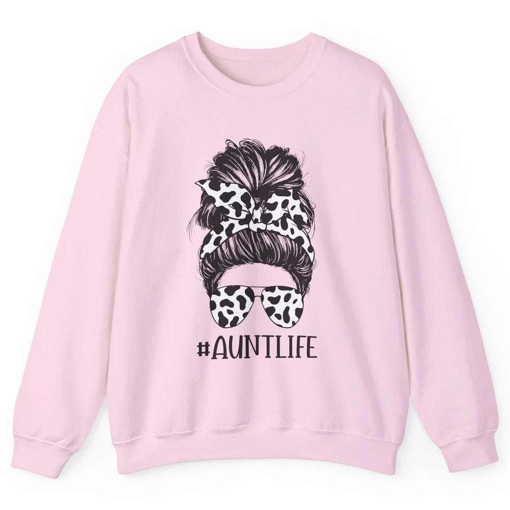 Aunt Life Messy Bun Glasses Cowhide Western Auntie Life Unisex Crewneck Sweatshirt