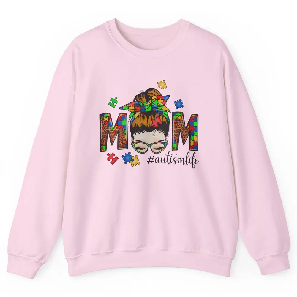 Autism Mom Messy Bun Hair Autism Leopard Puzzle Bandana Unisex Crewneck Sweatshirt