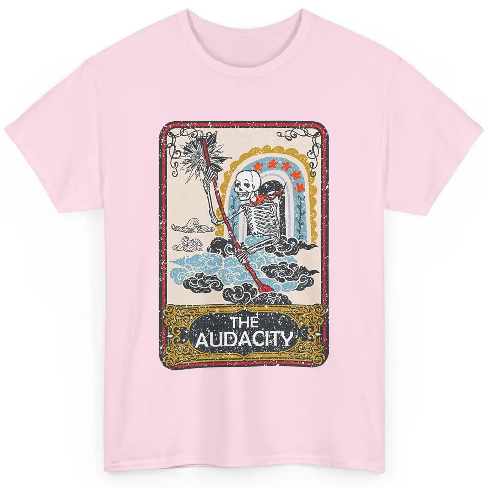 Retro Skeleton Riding Clouds Rainbow The Audacity Tarot Card Classic Unisex T-Shirt