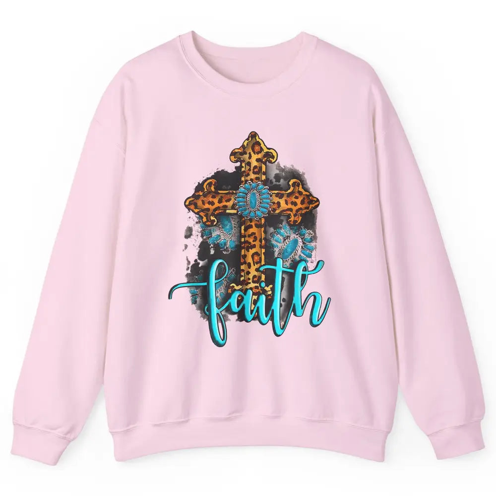 Western Gemstone Leopard Turquoise Cross Faith Jesus God Unisex Crewneck Sweatshirt