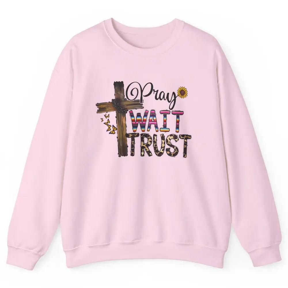 Sunflower Leopard Pray Wait Trust Christian Motivational Unisex Crewneck Sweatshirt