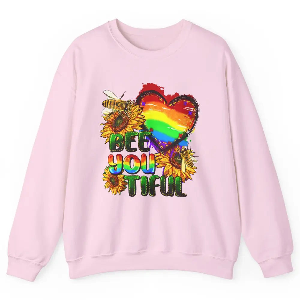 Bee You Tiful Pride Heart Rainbow Sunflower LGBT Pride Month Unisex Crewneck Sweatshirt