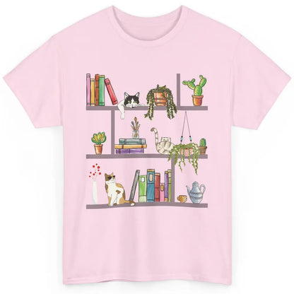 Funny Cats Lying On Floral Bookshelf Book Kitten Minimalist Classic Unisex T-Shirt