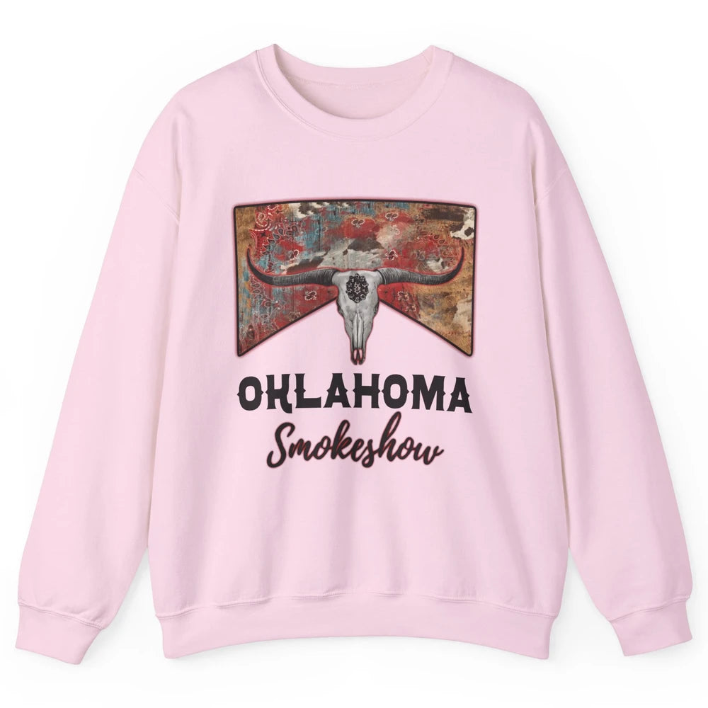 Boho Bull Skull Cow Print Oklahoma Smokeshow Western Country Unisex Crewneck Sweatshirt