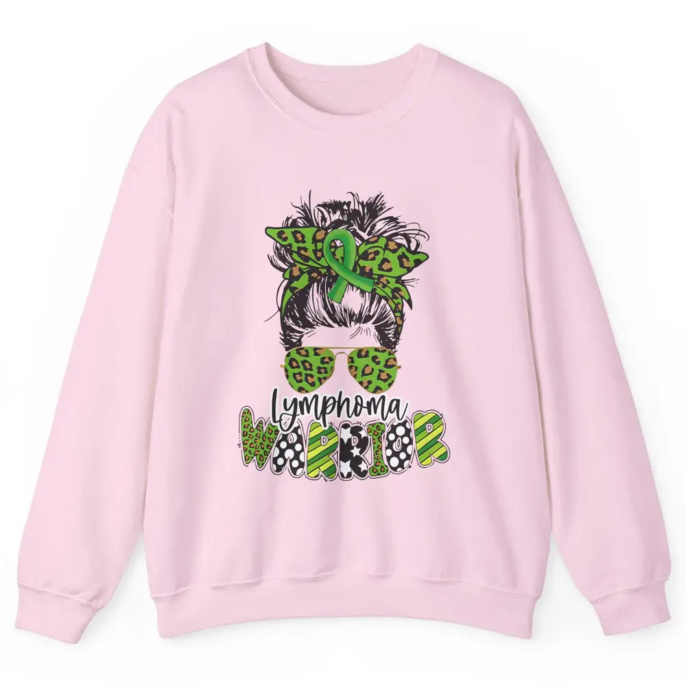 Warrior Fight Lymphoma Cancer Green Leopard Ribbon Messy Bun Unisex Crewneck Sweatshirt