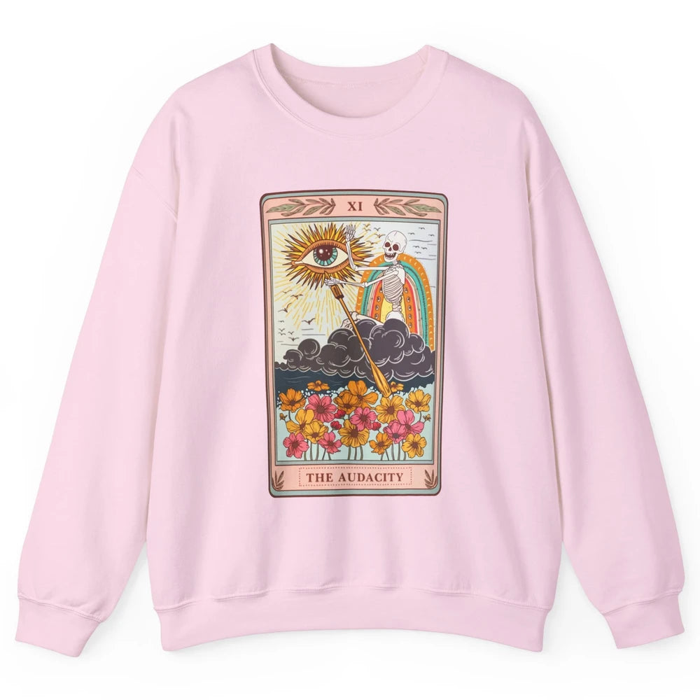 Retro Skeleton Riding Cloud The Audacity Tarot Card Rainbow Unisex Crewneck Sweatshirt