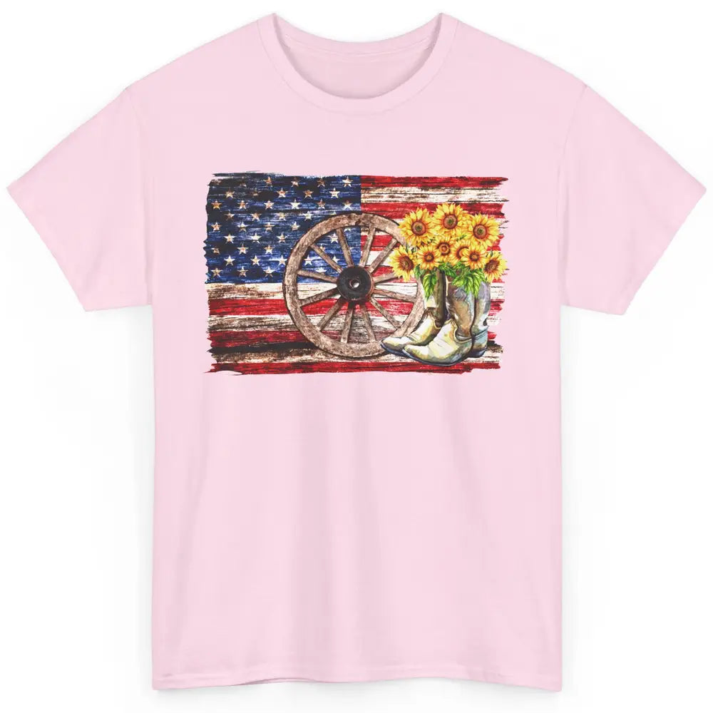 Retro US Flag Sunflower Cowgirl Boots Texas Cowboy Western Classic Unisex T-Shirt