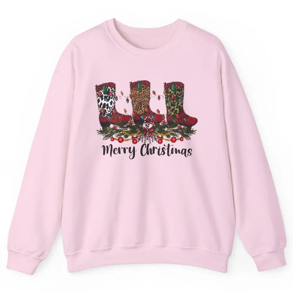 Christmas Cowboy Boots Santa Boots Leopard Western Christmas Unisex Crewneck Sweatshirt