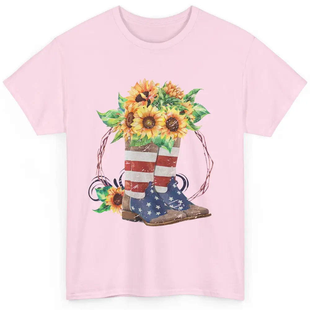 Retro Sunflower US Flag Cowboy Boots Let's Go Girls Cowgirls Classic Unisex T-Shirt