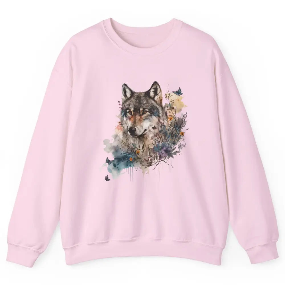 Watercolor Wolf Face Howl Butterfly Wolves Wild Animal Retro Unisex Crewneck Sweatshirt