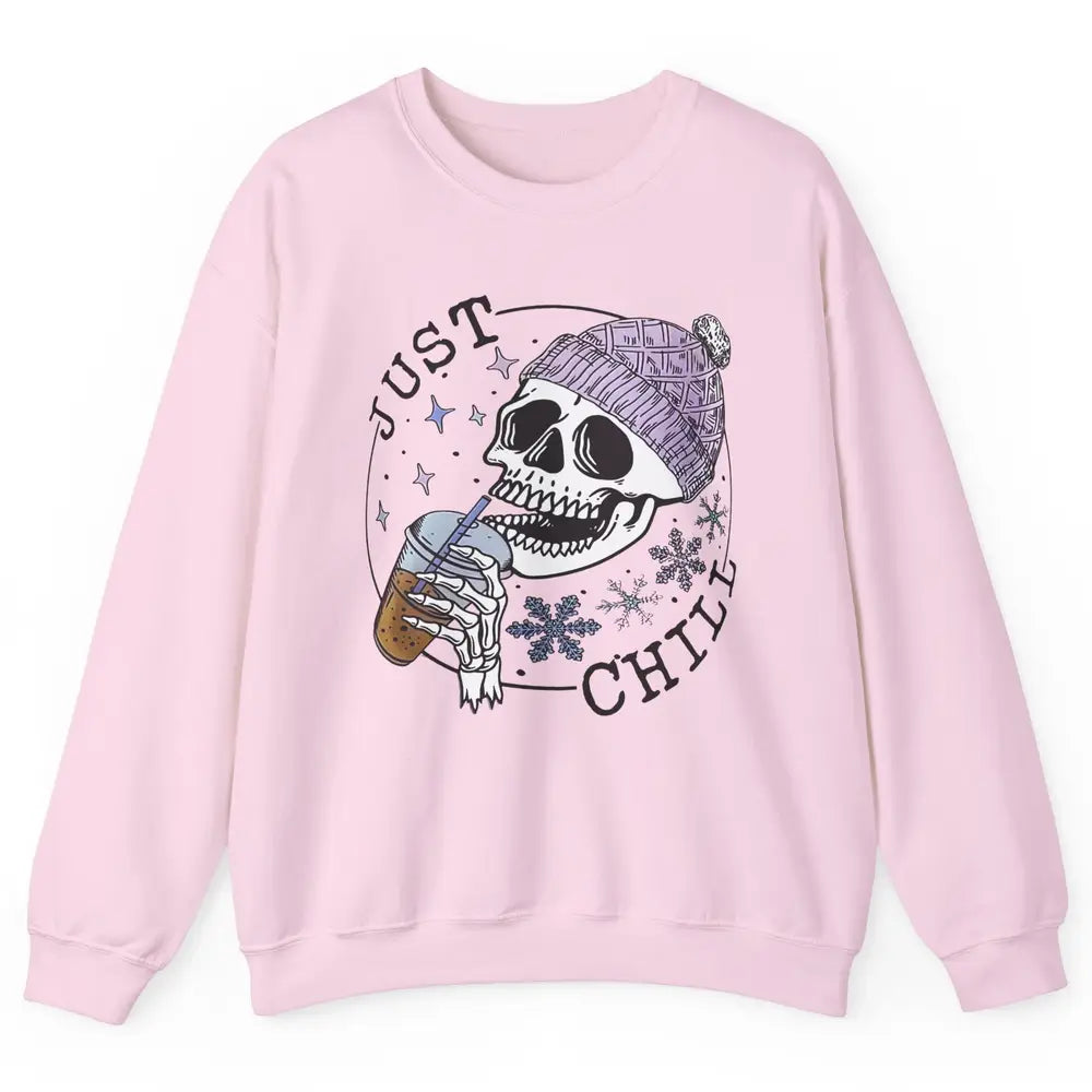 Funny Skeleton Coffee Just Relax Snowflakes Christmas Unisex Crewneck Sweatshirt