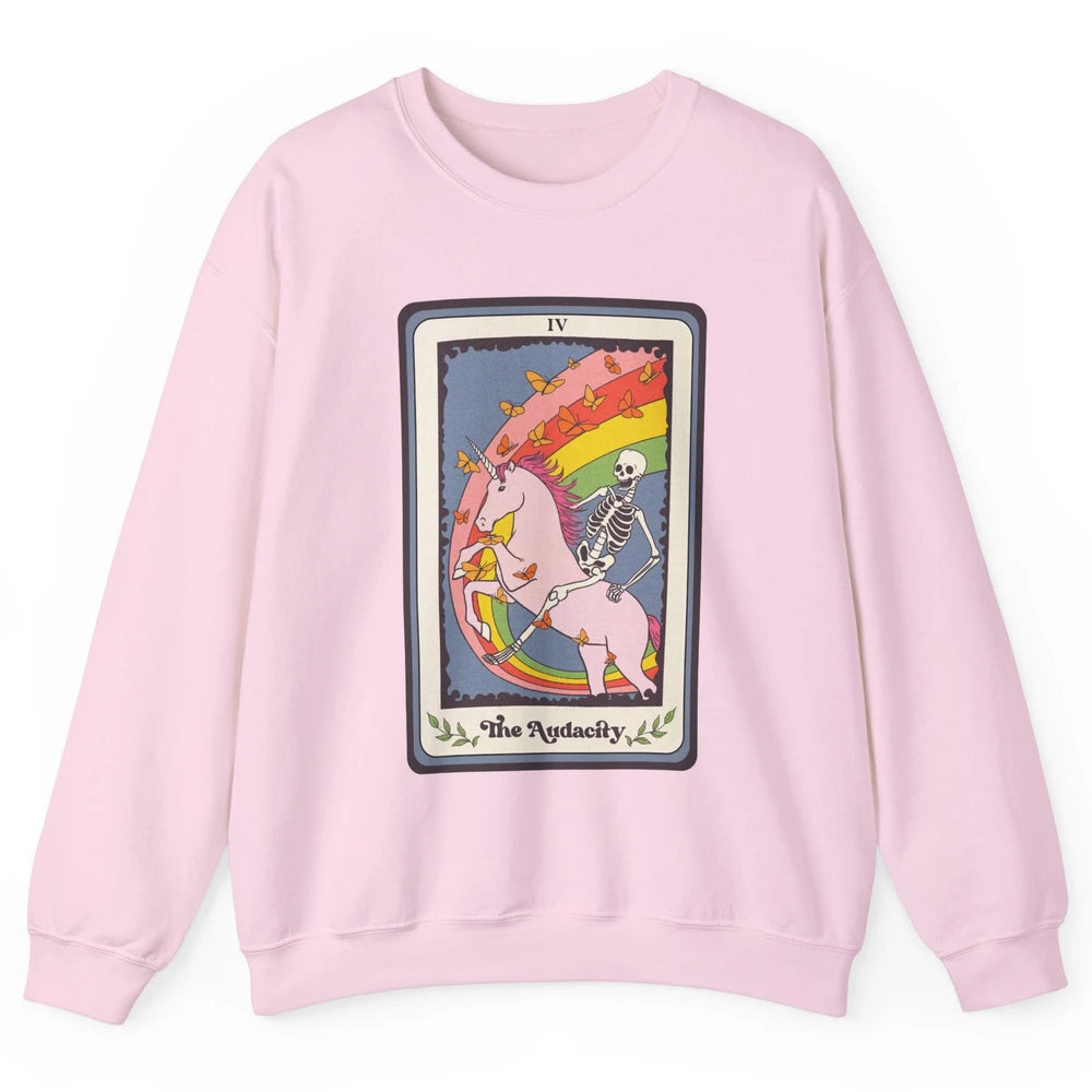 Retro Skeleton Rides Unicorn The Audacity Tarot Card Rainbow Unisex Crewneck Sweatshirt