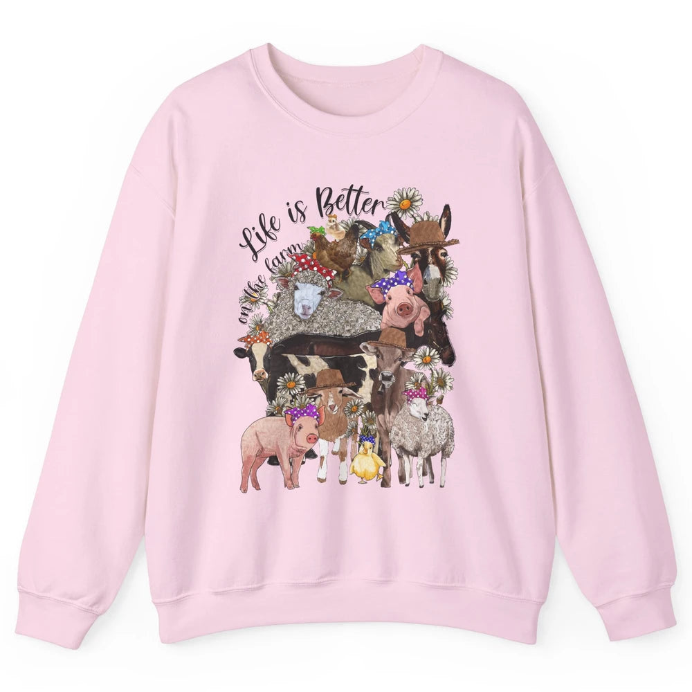 Western Animals Life Is Better On The Farm Pig Cow Donkey Unisex Crewneck Sweatshirt