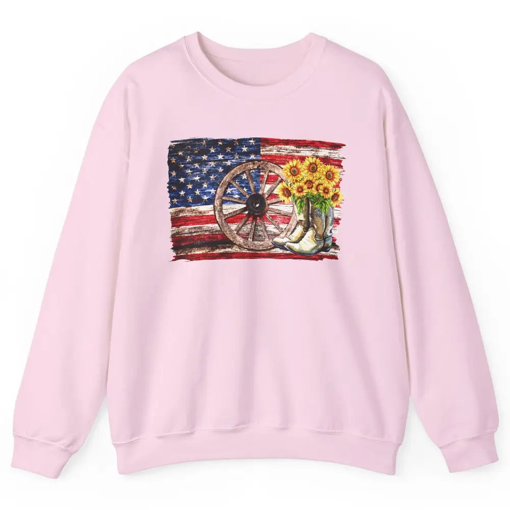 Retro US Flag Sunflower Cowgirl Boots Texas Cowboy Western Unisex Crewneck Sweatshirt