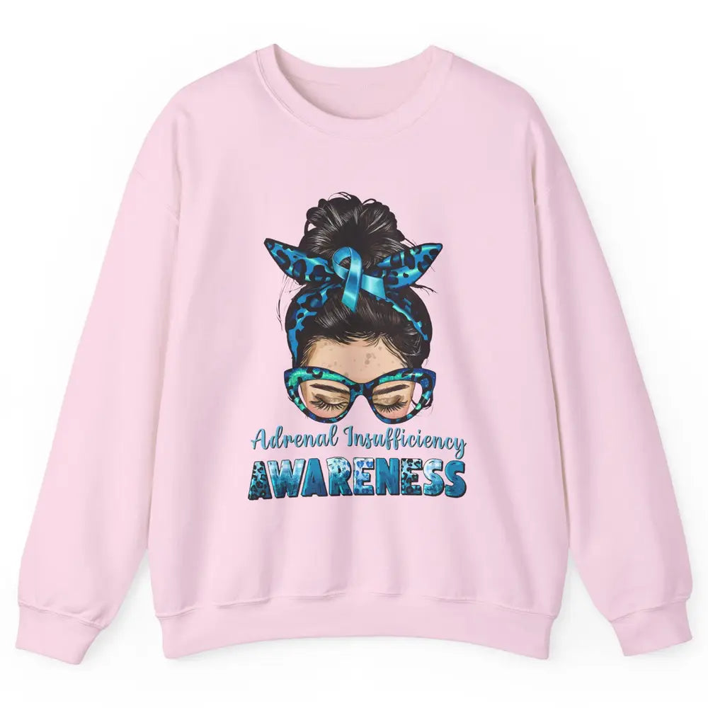 Adrenal Insufficiency Awareness Messy Bun Mom Blue Ribbon Unisex Crewneck Sweatshirt