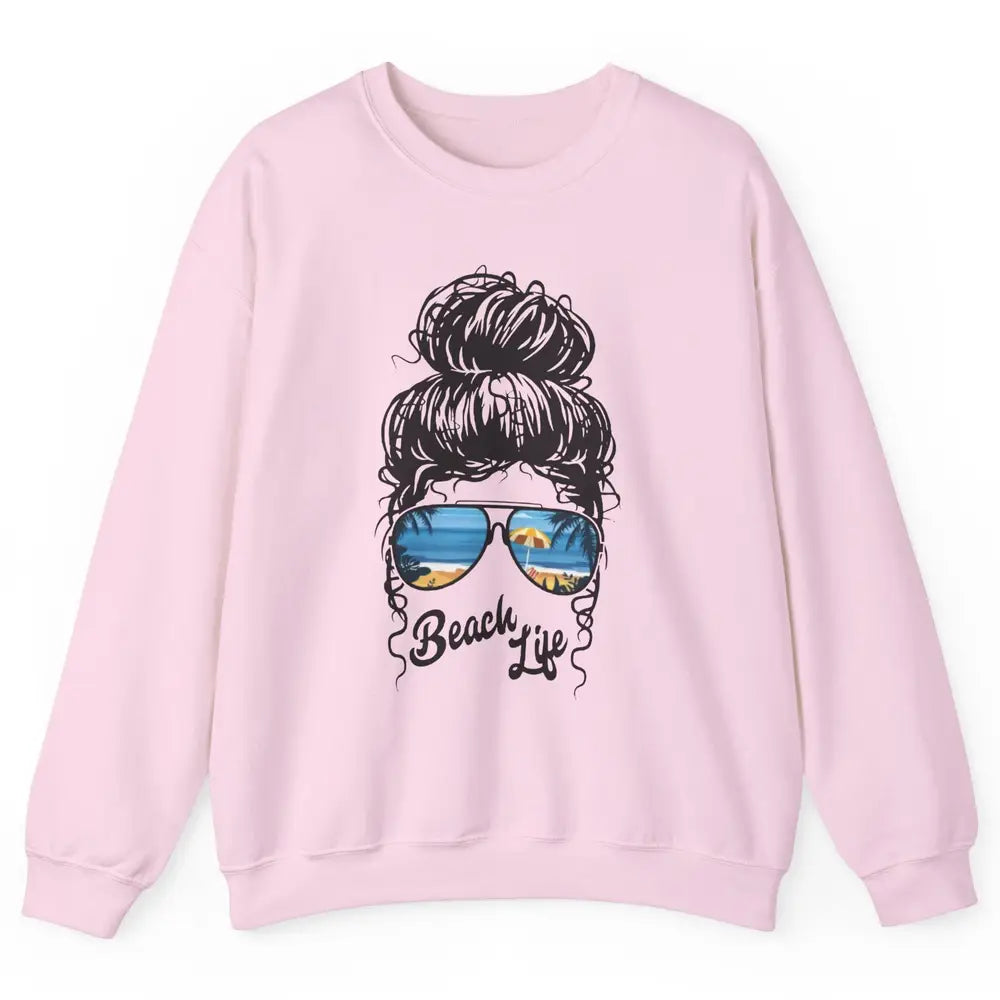 Beach Life Messy Bun Hawaiian Hair Retro Beach Palms Summer Unisex Crewneck Sweatshirt