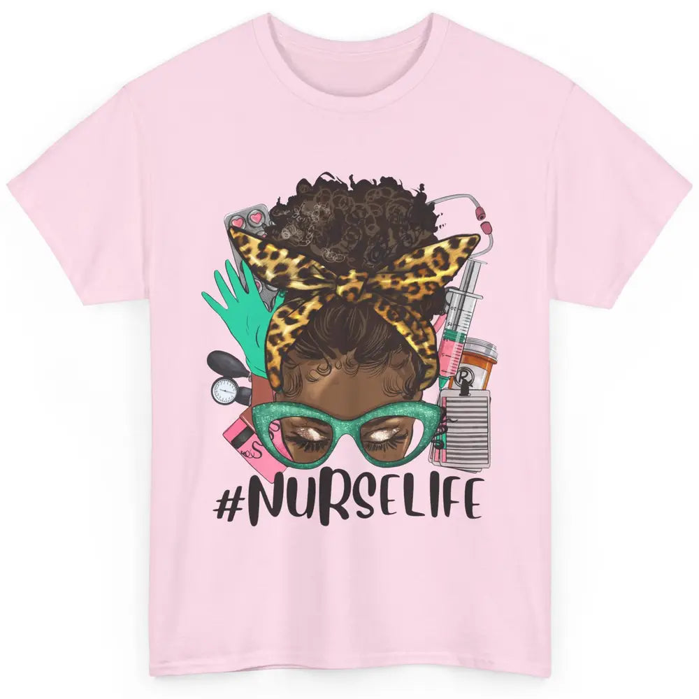 Afro Nurse Messy Bun Hair Black Melanin Nurse Life Leopard Classic Unisex T-Shirt