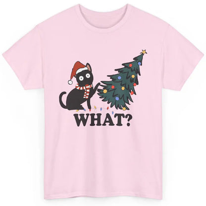 Funny Black Cat Pushing Christmas Tree What? Christmas Cat Classic Unisex T-Shirt