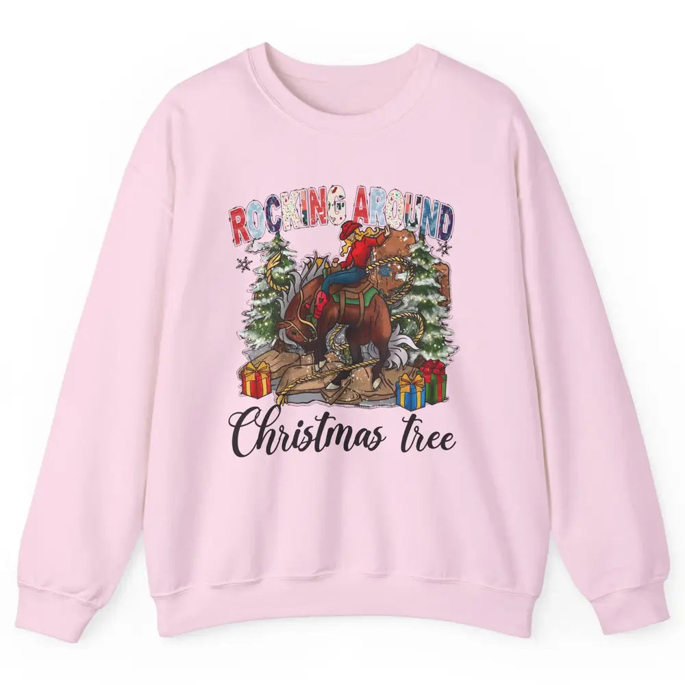 Funny Cowgirl Horsing Rocking Around Christmas Tree Western Unisex Crewneck Sweatshirt